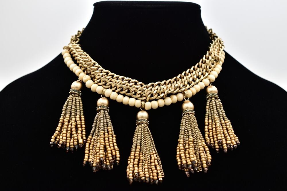 Y2K Statement Necklace Gold Multi Chain Beaded Tassel Fringe Boho Bib BinA17